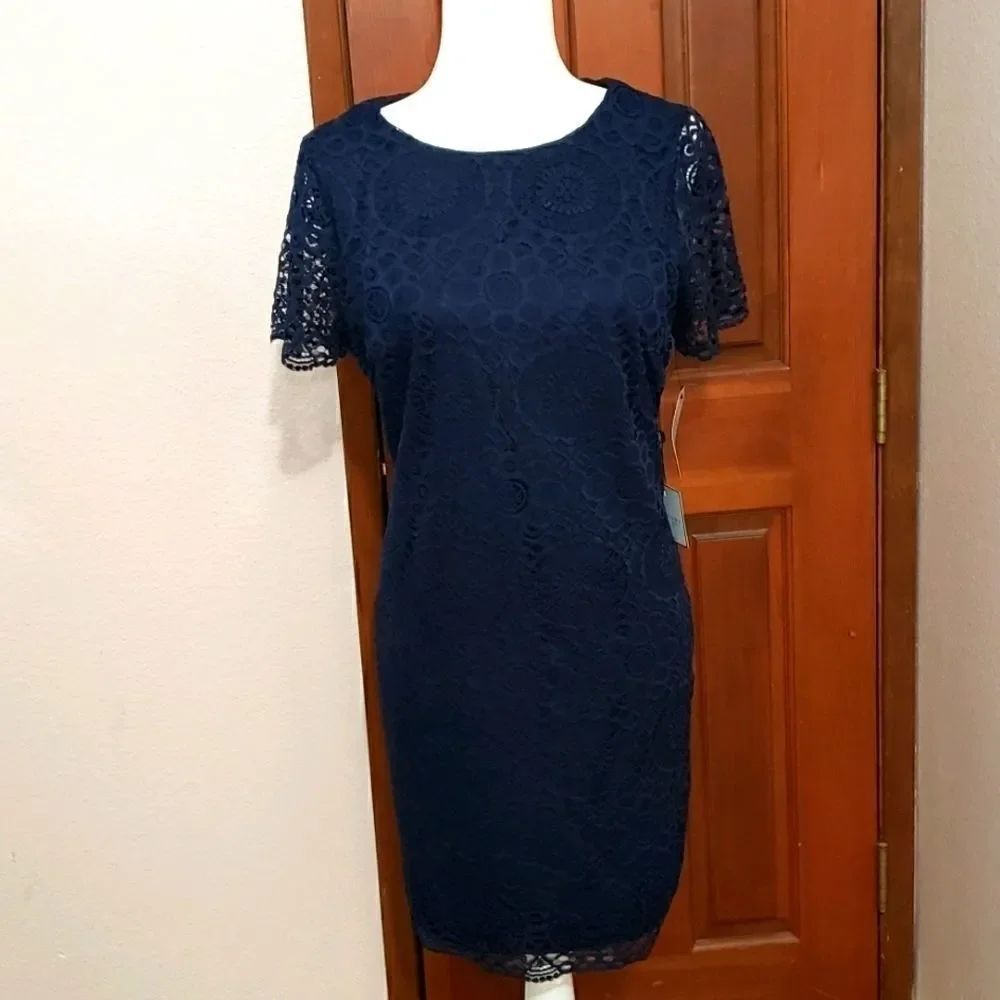 *Laundry, navy dress, 10P, lace over sheath
